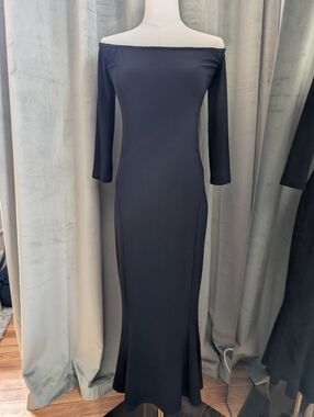 Norma Kamali Off Shoulder Black Dress | Fitted Midi Flare Hem Minimalist Size M